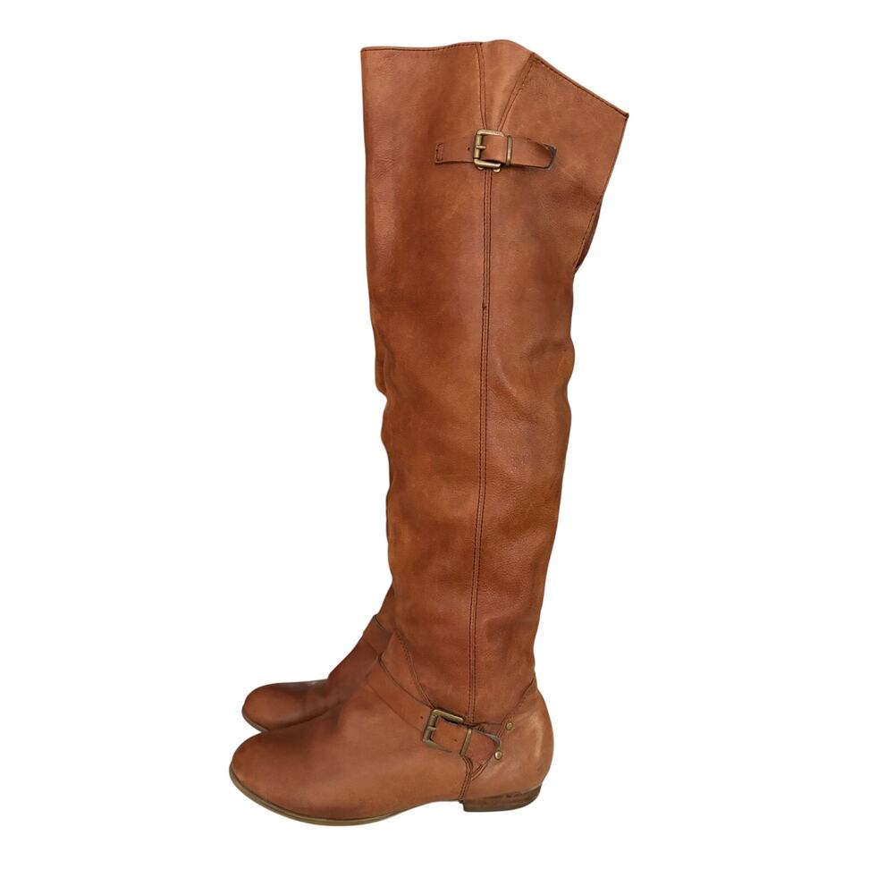 Aldo knee-high genuine leather riding boots equestrian sz 7 cognac asymmetrical
